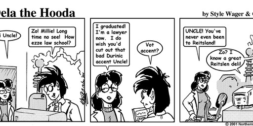 breasts clothed clothed_female clothed_male clothing coat computer dialogue duo electricity electronics eyewear female glasses humanoid_pointy_ears lab_coat male pointy_ears text topwear style_wager dela_the_hooda dr._zap millie_tunnely halfling humanoid 2001 comic english_text greyscale monochrome