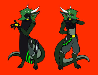 accessory anthro apron athletic athletic_anthro athletic_male bag belt bottomwear clothing collar crop_top ear_piercing ear_tag eyewear furgonomics glasses gloves gold_(metal) gold_glasses green_body green_eyes green_hair green_tongue hair handwear horn knife latex latex_clothing male muzzle_(object) muzzled open_mouth pants piercing red_background shirt simple_background solo tail tail_accessory tail_bag teeth tongue topwear wearing_glasses white_horn wristband tqualizer mythology tqualizer_(character) dragon mythological_creature mythological_scalie scalie hi_res