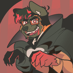 anthro biped black_body black_fur black_hair blood blood_in_mouth bodily_fluids eyewear fur glasses hair looking_at_viewer male orange_body orange_fur pink_eyes solo wearing_glasses melaisen bau_(melaisen) canid canine canis mammal vampire wolf 1:1 2025 hi_res