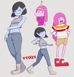 breasts candy dessert duo female food food_hair grey_body grey_skin humanoid_pointy_ears midriff not_furry pink_body pink_skin pointy_ears pseudo_hair roxy_prog adventure_time cartoon_network marceline_abadeer princess_bubblegum candy_people_(at) food_creature food_humanoid humanoid living_candy vampire 2020 digital_media_(artwork) hi_res shaded