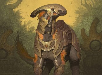 ambiguous_gender armor detailed_background feathers feral forest grey_body headgear helmet horn jungle looking_at_viewer outside plant quadruped red_eyes solo standing tail tree john_tedrick hasbro magic:_the_gathering wizards_of_the_coast ambient_bird dinosaur feathered_dinosaur feathered_scalie prehistoric_species reptile scalie 2022 absurd_res hi_res official_art