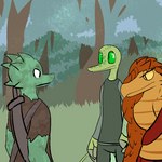 1:1 2014 anthro clothed clothing digital_media_(artwork) fen_(lagotrope) grass green_body green_eyes green_skin group horn kobold lagotrope lizard male mountain_kobold orange_body orange_eyes orange_scales outline outside plant pupils reptile scales scalie shirt slit_pupils standing story story_at_source story_in_description tgchan topless topwear tree trio white_eyes