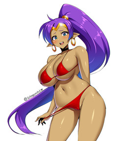 big_breasts bikini bikini_pull blue_eyes blush breasts camel_toe choker clothing clothing_pull crown curvy_figure dark_body dark_skin ear_piercing ear_ring female hair hand_behind_back headgear huge_breasts humanoid_pointy_ears jewelry long_hair navel necklace not_furry open_mouth panties panty_pull piercing pointy_ears ponytail purple_hair ring_piercing simple_background smile solo swimwear swimwear_pull tiara two-piece_swimsuit under_boob underwear underwear_pull white_background sole-gem shantae_(series) wayforward shantae genie humanoid 2021 hi_res portrait signature three-quarter_portrait
