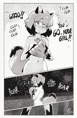 anthro baseball_(sport) baseball_glove blush blush_lines breasts cheering clapping clothing covering covering_breasts covering_self crowd dialogue dipstick_tail embarrassed female fur gloves gloves_only group hair handwear handwear_only heart_symbol markings medium_breasts mostly_nude navel nude nude_anthro nude_female offscreen_character public public_nudity resigned roaring solo sport stadium standing tail tail_markings talking_to_another text wide_hips edtropolis brand_new_animal studio_trigger michiru_kagemori canid canine mammal raccoon_dog tanuki 2026 comic english_text full_version_at_paywall hi_res preview screentone signature