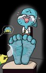 3_toes anthro barefoot bdsm biped blue_body blue_fur blue_hair blush bodily_fluids bondage bound clothed clothed_anthro clothed_female clothing crying_laughing dominant dominant_female dominant_humanoid duo ear_piercing ear_ring eyebrows eyelashes eyes_closed fangs feet female female/female foot_focus fur gesture hair hand_gesture holding_feather holding_object hoop_ear_ring humanoid_feet laugh loose_feather markings open_mouth open_smile piercing plantigrade restraints ring_piercing rope rope_bondage shirt smile soles solo_focus submissive submissive_anthro submissive_female tears teeth tickle_fetish tickle_torture tickling tickling_feet toes tongue topwear v_sign whisker_markings white_clothing white_shirt white_topwear wrinkled_feet wrinkles yellow_body red2870 cartoon_network the_amazing_world_of_gumball jackie_wilson nicole_watterson domestic_cat felid feline felis humanoid mammal rainbow_lass 2017 hi_res