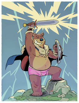 anthro belly black_nose brown_body brown_fur bulge cape clothing fur humanoid_hands magic male melee_weapon overweight overweight_anthro overweight_male shield solo sword underwear weapon guaxraccoon bear mammal 2020