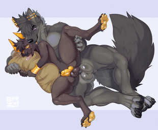 4_toes 5_fingers anal anal_penetration animal_genitalia animal_penis anthro anthro_on_anthro anthro_penetrated anthro_penetrating anthro_penetrating_anthro arm_around_partner ball_size_difference balls big_balls black_body black_claws black_eyebrows black_fur black_hair black_nose black_pawpads black_penis black_tail blush bodily_fluids bracelet canine_genitalia canine_penis cheek_tuft claws closed_smile dominant dominant_anthro dominant_male duo ear_piercing ear_ring erection eyebrows facial_markings facial_piercing facial_tuft fangs feet fingers fur genitals gloves_(marking) gold_penis golden_body golden_inner_ear golden_markings golden_pawpads green_eyes grey_background grey_balls grey_body grey_fur hair half-closed_eyes hand_on_leg hand_on_partner's_leg head_markings hug hugging_object hugging_pillow humanoid_genitalia humanoid_penis industrial_piercing jewelry knot knotted_penis larger_dom logo looking_at_another looking_at_partner looking_down looking_down_at_partner looking_pleasured lying male male/male male_penetrated male_penetrating male_penetrating_male markings mouth_closed narrowed_eyes nude on_side one_eye_closed one_leg_up open_mouth open_smile pawpads penetration penile penile_penetration penis penis_in_ass piercing pillow purple_eyes raised_leg ring_piercing saliva sex simple_background size_difference smile smirk smug spooning spread_legs spreading submissive submissive_anthro submissive_male sweat sweatdrop sweaty_balls sweaty_genitalia tail teeth text toe_claws toes tongue tongue_out tuft yellow_body yellow_fur yellow_inner_ear yellow_markings yellow_pawpads yellow_penis cosmicat edugta_(character) kahell anubian_jackal canid canine canis jackal mammal wolf 2026 absurd_res artist_logo artist_name digital_media_(artwork) hi_res signature