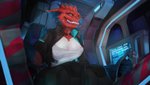 anthro big_breasts breasts choker facial_piercing female green_eyes grin jewelry machine necklace nipples non-mammal_breasts nose_piercing piercing pilot science_fiction smile solo teeth jollux_(artist) freja_vann lizard reptile scalie absurd_res hi_res gynomorph_(lore)