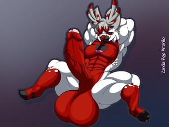 anthro balls big_balls big_penis foreskin genitals grin huge_balls huge_penis hyper hyper_balls hyper_genitalia hyper_penis looking_at_viewer male muscular muscular_anthro muscular_male penis smile solo spread_legs spreading zynda_ae_(artist) folfie_winter canid canine canis deer hybrid mammal wolf hi_res