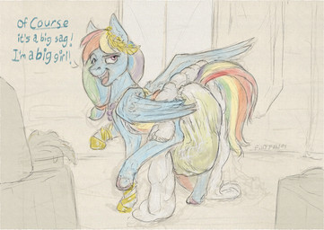 accessory bodily_fluids clothed clothing confident diaper diaper_under_clothing diaper_under_dress dress female feral footwear genital_fluids hair_accessory sagging_diaper shoes soiled_diaper solo text unclean_diaper urine used_diaper wearing_diaper wet_diaper wings fillyfables friendship_is_magic hasbro my_little_pony mythology rainbow_dash_(mlp) equid equine horse mammal mythological_creature mythological_equine pegasus pony english_text hi_res