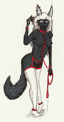 anthro black_body black_fur breasts clothing collar collar_only colored_nails cuffs_(clothing) female fur genitals leash leashed_collar lingerie nails nude nude_female red_eyes red_nails solo tail vulva gueststar natasha_(gueststar) anubian_jackal canid canine canis humanoid jackal mammal hi_res traditional_media_(artwork)