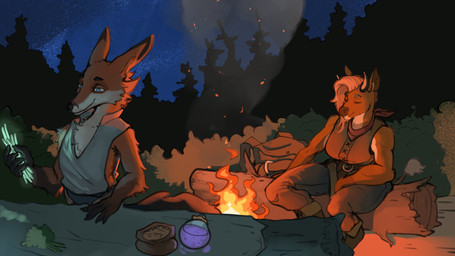 5_fingers anthro backpack black_nose blonde_hair bottomwear breasts brown_body brown_fur campfire clothed clothed_anthro clothed_female clothed_male clothing duo female fingers firelight forest fur gloves_(marking) hair horn humanoid_hands leg_markings male markings multicolored_body multicolored_fur night pants plant red_body red_fur shirt size_difference slightly_chubby slightly_chubby_anthro slightly_chubby_female smaller_male smile socks_(marking) tail topwear tree two_tone_body two_tone_fur vest white_body white_fur lockheed_martini luka_(kiroa) nia_(kiroa) bovid bovine canid canine cattle fox mammal 16:9 digital_drawing_(artwork) digital_media_(artwork) hi_res widescreen