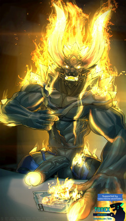 4_fingers angry anthro anthrofied balls big_penis black_body bodily_fluids burning_clothes clothing erection fingers fire genital_fluids genitals glowing glowing_eyes horn humanoid_genitalia humanoid_penis male muscular muscular_male penis precum sharp_teeth solo teeth torn_clothing todex capcom devil_may_cry devil_may_cry_4 berial demon monster monstrous_demon hi_res