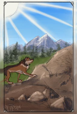 blue_eyes brown_body brown_fur card climbing female feral fur light light_beam mountain outside plant rock solo sun sunbeam sunlight tarot tarot_card tree a_dusty_wolf canid canine dhole mammal hi_res