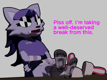 angry anthro bodily_fluids clothing dialogue discarded_clothing discarded_shoes feet female foot_fetish foot_on_table footwear furniture paws relaxing simple_background smelly smelly_feet smelly_socks socks solo sweat sweaty_clothing sweaty_footwear sweaty_socks table white_background colonthreeguy freakwithatag sam_spike_(freakwithatag) canid canine mammal 3d_(artwork) 4:3 digital_media_(artwork) hi_res