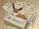 acting_like_a_cat ambiguous_gender box brown_body cardboard cardboard_box container daww directional_arrow feral floor looking_up solo text wood wood_floor boke_(artist) dogshaming get_in_here_if_you_smell nintendo pokemon eevee generation_1_pokemon pokemon_(species) 2020 4:3 english_text meme reaction_image redraw