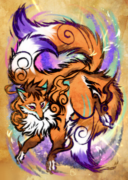 claws feral fur glowing magic male mane purple_eyes solo swirl tail thehavanawolf capcom okami_(capcom) canid canine fox mammal