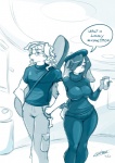 anthro beret big_breasts big_ears bottomwear breasts clothed clothing duo eyewear female fur glasses hair hat headgear headwear long_hair male pants sweater text thick_thighs topwear wide_hips chalo las_lindas angel_loveridge lagomorph leporid mammal rabbit english_text monochrome