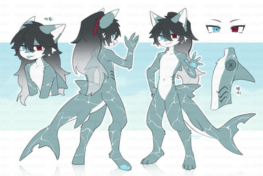 anthro biped claws feet fingers front_view hair looking_at_viewer male nude nude_anthro nude_male rear_view smile solo standing tail teeth toes tongue kaltespur aquatic fish shark absurd_res hi_res model_sheet