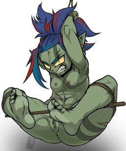 5_toes abs angry anus areola athletic athletic_female athletic_humanoid barbell_piercing blue_hair bound breasts claws clenched_teeth cross-popping_vein ear_piercing eyelashes feet female front_view genitals green_body green_nipples green_skin hair hands_tied highlights_(coloring) humanoid_feet humanoid_pointy_ears legs_tied lightened_soles looking_at_viewer multicolored_hair navel nipple_dip nipple_piercing nipples nude nude_female nude_humanoid piercing plantigrade pointy_ears pupils red_highlights scar simple_background slit_pupils small_breasts solo teeth thick_thighs toe_claws toes two_tone_hair vein vulva white_background wide_hips yellow_sclera newworld-9 goblin humanoid