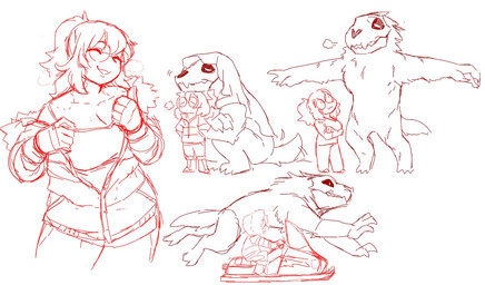 anthro biped bite_mark bone breasts cleavage clothed clothing duo eyewear female glasses hood larger_anthro larger_male male simple_background size_difference skull skull_head smaller_female smaller_human t-pose white_background iriedono canid canine human mammal 2021 digital_media_(artwork) sketch