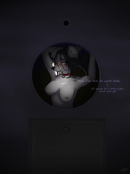 anthro areola armpit_showing barbell_piercing bedroom_eyes big_tail black_body black_fur black_hair black_nose blush blush_lines breasts cellphone choker cleavage clothed clothing collar countershading dark dark_room darkness dialogue ear_markings electronics exposed_breasts exposed_chest eyelashes facial_markings female floppy_ears fluffy fluffy_tail fur hair hair_over_eye half-closed_eyes hand_behind_head hands_behind_head head_markings infidelity jewelry long_eyelashes long_hair looking_at_viewer low_light markings narrowed_eyes necklace night nipple_dip nipple_piercing nipples nude nude_female on_phone peephole phone piercing raised_arms ring seductive shadow smile smirk snout solo spots spotted_arms spotted_body spotted_ears spotted_fur spotted_shoulders tail teeth text topless white_body white_fur melody_maku blaire_(melody_maku) australian_shepherd canid canine canis collie domestic_dog herding_dog mammal pastoral_dog sheepdog 2026 3:4 chromatic_aberration digital_media_(artwork) english_text handwritten_text hi_res purple_theme shaded signature