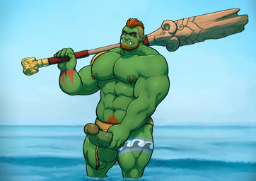 abs balls beard big_balls big_muscles big_penis bodily_fluids bottomwear bottomwear_aside clothing clothing_aside club_(weapon) ear_piercing erection facial_hair genital_fluids genitals green_body green_skin hair hand_on_penis holding_melee_weapon holding_object holding_weapon humanoid_genitalia humanoid_penis legs_in_water loincloth loincloth_aside looking_at_viewer male melee_weapon muscular muscular_humanoid muscular_male navel nipple_piercing nipple_ring nipples not_furry partially_submerged pecs penis piercing precum pubes ring_piercing solo submerged_legs tattoo tusk_ring tusks vein veiny_muscles water weapon weapon_on_shoulder grisser humanoid orc 2020 absurd_res hi_res