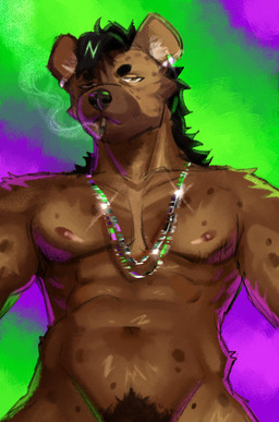 abs anthro black_body black_fur black_hair body_hair brown_body brown_eyes brown_fur chain cigar cigar_smoke cigarette cigarette_in_mouth clothed clothing ear_piercing ear_ring fur hair happy_trail jewelry male markings muscular muscular_anthro muscular_male nipples nude object_in_mouth pecs piercing ring_piercing smoke smoking solo spots spotted_body spotted_fur v-cut nolansnsfw hyena mammal spotted_hyena hi_res