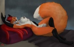 anthro big_breasts big_tail biped black_nipples blue_eyes breasts female hair looking_at_viewer lying nipples nude on_back pose red_hair solo tail guiomar samantha_arrow canid canine fox mammal red_fox true_fox