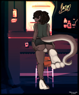 3_toes anthro backsack balls bar biped black_bottomwear black_clothing black_skirt bottomwear brown_body brown_eyes brown_hair brown_skin brown_tail butt clothed clothing crossdressing detailed_background feet femboy fully_clothed genitals green_clothing green_topwear hair ineffective_clothing inside looking_at_viewer looking_back male non-mammal_balls pink_tongue rear_view skirt solo tail tail_over_skirt toes tongue tongue_out topwear white_balls white_body white_skin year dirtyscoundrel azu_(azurex) lizard reptile scalie 2016 absurd_res digital_media_(artwork) digital_painting_(artwork) hi_res painting_(artwork) signature