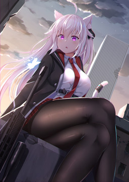 accessory animal_ears big_breasts bottomwear breasts building city clothed clothing cloud crossed_legs dutch_angle female fully_clothed furgonomics gun hair jacket legwear long_hair low-angle_view necktie open_mouth outside pantyhose pattern_bottomwear pattern_clothing pattern_skirt pink_eyes plaid plaid_bottomwear plaid_clothing plaid_skirt purple_eyes ranged_weapon rifle sitting skirt sky skyscraper solo star sunset tail tail_accessory topwear weapon white_hair mirufuaa animal_humanoid cat_humanoid felid felid_humanoid feline feline_humanoid humanoid mammal mammal_humanoid tailed_humanoid 2019 hi_res