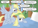 4:3 amber_eyes bed blonde_hair blush comic crossgender derpy_hooves_(mlp) dialogue duo english_text equid equine feathered_wings feathers female feral friendship_is_magic fur furniture grey_body grey_feathers grey_fur hair hasbro jepso male male/female mammal my_little_pony mythological_creature mythological_equine mythology pegasus pillow selfcest sex square_crossover text vase window wings