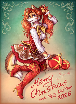 anthro boots breasts claws clothing female festive festive_clothing footwear glistening glistening_hair hair heart_clothing heart_symbol high_heeled_boots high_heels holiday_message holidays legwear open_mouth ornament paintbrush_tail red_hair shoes solo star tail teeth text thigh_boots thigh_highs yellow_bow snowsnow11 christmas new_year canid canine canis fox mammal hi_res