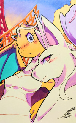 ambiguous_gender antennae_(anatomy) anthro blush blush_lines breasts claws eyelashes featureless_breasts female feral fur grey_eyes group horn membrane_(anatomy) membranous_wings non-mammal_breasts open_mouth orange_body pink_eyes pouting purple_body trio wings yellow_body yellow_fur 025aki mythology nintendo pokemon ditto_(pokemon) dragon dragonite equid equine generation_1_pokemon mammal mythological_creature mythological_equine mythological_scalie pokemon_(species) rapidash scalie unicorn 2026 absurd_res dated hi_res signature