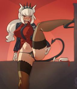 big_breasts blush breasts clothing female footwear gloves handwear high_heels legwear necktie panties raised_leg shoes solo spade_tail stockings tail thick_thighs thigh_highs underwear fullmontis helltaker lucifer_(helltaker) demon demon_humanoid humanoid hi_res