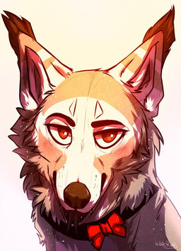ambiguous_gender black_collar black_tongue bow_ribbon brown_body brown_fur cheek_tuft collar ear_tuft facial_tuft feral forked_tongue front_view fur glistening glistening_eyes narrowed_eyes neck_tuft open_mouth red_eyes simple_background solo tongue tongue_out tuft white_background white_body white_fur unknowhiter canid canine canis mammal wolf 2015 bust_portrait portrait signature