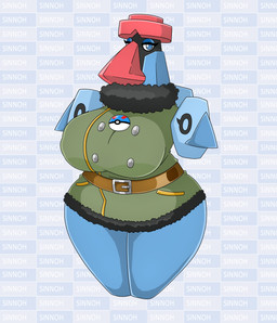 belt big_breasts big_nose blue_body blue_eyes blue_skin bottomwear breasts brown_belt clothed clothed_female clothing curvy_figure eyelashes featureless_legs female footless great_ball green_bottomwear green_clothing green_skirt huge_breasts light looking_at_viewer non-mammal_breasts not_furry pattern_background pokeball pokemorph simple_background skirt solo uniform urusee584 nintendo pokemon generation_4_pokemon humanoid pokemon_(species) probopass 2025 absurd_res colored digital_drawing_(artwork) digital_media_(artwork) full-length_portrait hi_res lighting portrait