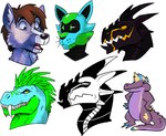 anthro big_fangs black_horn black_nose blonde_hair blue_body blue_hair brown_hair cheek_tuft dot_eyes facial_tuft fangs fur glistening glistening_nose green_body grey_body grey_ears grey_fur hair hand_on_hip horn inner_ear_fluff looking_aside machine mouth_closed open_mouth orange_sclera purple_body purple_tail solo tail teeth tuft whiskers white_inner_ear_fluff yellow_eyes imperatorcaesar mythology volteer_(binturongboy) crocodilian dragon mythological_creature mythological_scalie reptile robot scalie headshot_portrait multiple_images portrait