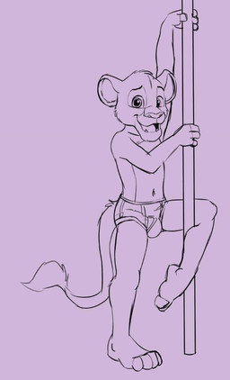 anthro briefs bulge clothed clothing looking_at_viewer male open_mouth pole smile solo stripper_pole underwear underwear_only young young_anthro young_male compfive disney the_lion_king simba_(the_lion_king) felid lion mammal pantherine