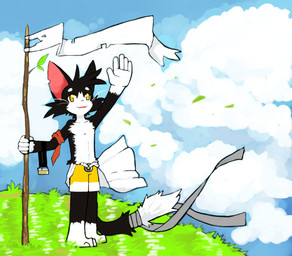 anthro barefoot biped bottomwear clothed clothing eyewear feet flag gesture goggles looking_at_viewer shorts sky solo standing topless waving whiskers wind whiteleo kay_(whiteleo) domestic_cat felid feline felis mammal hi_res