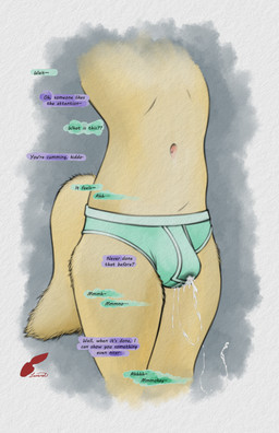anthro blue_briefs blue_clothing blue_underwear bodily_fluids briefs bulge clothed clothing cum cum_in_clothing cum_in_underwear cum_string cum_through_clothing cum_through_underwear cumshot dialogue duo ejaculation first_orgasm fur genital_fluids hands-free male navel orgasm simple_background solo speech_bubble spontaneous_ejaculation standing tail text topless topless_anthro topless_male underwear underwear_only wet wet_clothing wet_underwear white_seam_briefs young young_anthro young_male redleveret canid canine mammal absurd_res digital_media_(artwork) english_text hi_res