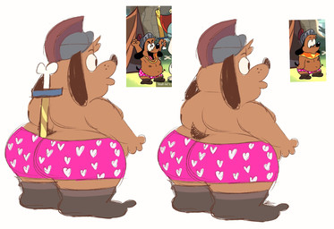 anthro armor belly big_butt boxers_(clothing) brown_body brown_fur butt clothing footwear fur headgear helmet humor male melee_weapon overweight socks sword underwear weapon sugarbunnyb1 puppy_guard russell_(puppy_guard) canid canine canis domestic_dog mammal hi_res reference_image