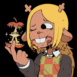 anthro antlers apple blonde_hair brown_body buckteeth clothed clothing female food freckled_face freckles fruit hair horn plant teeth iluvrabbitz deltarune undertale_(series) noelle_holiday the_original_starwalker deer mammal new_world_deer reindeer hi_res