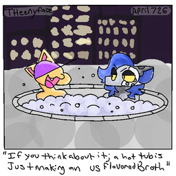annoyed blue_hair clothing cute_fangs detailed_background dialogue fangs fur hair hat headgear headwear hot_tub humor joke night open_mouth single_panel talking_to_another teeth yellow_body yellow_fur theenyface butters_(theenyface) canid canine canis domestic_cat felid feline felis mammal wolf 1:1 2026 comic dated