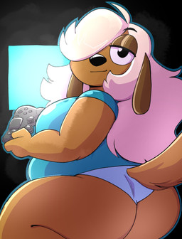 ahoge anthro blonde_hair brown_body brown_fur butt clothed clothing controller female floppy_ears fur game_controller hair hair_over_eye half-closed_eyes holding_controller holding_game_controller holding_object long_hair looking_at_viewer looking_back looking_back_at_viewer narrowed_eyes one_eye_obstructed overweight overweight_female panties screen simple_background smile smirk solo tail toony underwear anaugi ello_(anaugi) canid canine canis domestic_dog mammal 2024 absurd_res hi_res