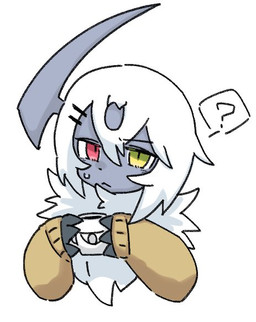 ambiguous_form ambiguous_gender bodily_fluids claws clothing container cup finger_claws fur grey_face grey_horn horn multicolored_eye question_mark simple_background solo sweat sweatdrop sweater topwear white_background white_body white_fur yakiniku628 nintendo pokemon absol generation_3_pokemon pokemon_(species) colored half-length_portrait portrait