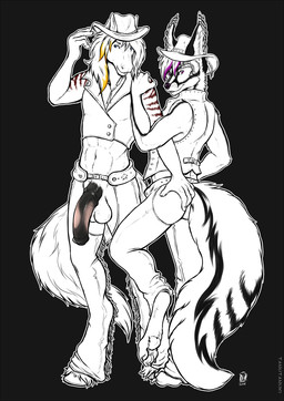 animal_genitalia animal_penis anthro athletic athletic_anthro athletic_male balls butt butt_grab chaps clothing cowboy_hat duo equine_genitalia equine_penis erection genitals grey_background hand_on_butt hat headgear headwear looking_at_viewer male male/male male_anthro mane medial_ring penis simple_background smile standing tail tanutanuki bucephalus canid canine equid equine fox horse mammal 2018