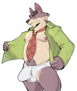 accessory anthro areola ball_bulge barely_visible_genitalia barely_visible_penis big_bulge black_eyes body_hair briefs brown_body brown_fur bulge clothed clothing detailed_bulge fingers frown fur genital_outline genitals green_clothing green_jacket green_topwear happy_trail humanoid_hands jacket looking_down male musclegut muscular necktie nipples open_clothing open_jacket open_topwear pecs penis penis_outline pubes simple_background solo standing tan_body tan_fur topwear underwear undressing white_background white_briefs white_clothing white_underwear yellow_sclera jrjresq dale_donovan_(friends_vs_friends) canid canine canis mammal wolf hi_res portrait three-quarter_portrait