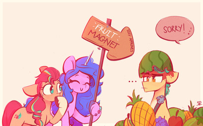apology arrow_sign bracelet dialogue directional_arrow female food fruit group hair hooves horn jewelry leg_markings male markings melon pineapple plant planted_sign ponytail sign signpost socks_(marking) speech_bubble text trio watermelon scribble-potato hasbro mlp_g5 my_little_pony mythology hitch_trailblazer_(mlp) izzy_moonbow_(mlp) sunny_starscout_(mlp) earth_pony equid equine horse mammal mythological_creature mythological_equine pony unicorn 16:10 english_text hi_res widescreen