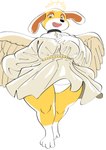 anthro anthrofied breasts clothed clothed_anthro clothed_female clothing clothing_lift collar cross feathered_wings feathers female fur halo partially_clothed thick_thighs wings yellow_body yellow_eyes yellow_fur toonarscontent martha_speaks martha_lorraine angel canid canine canis domestic_dog mammal absurd_res hi_res tagme